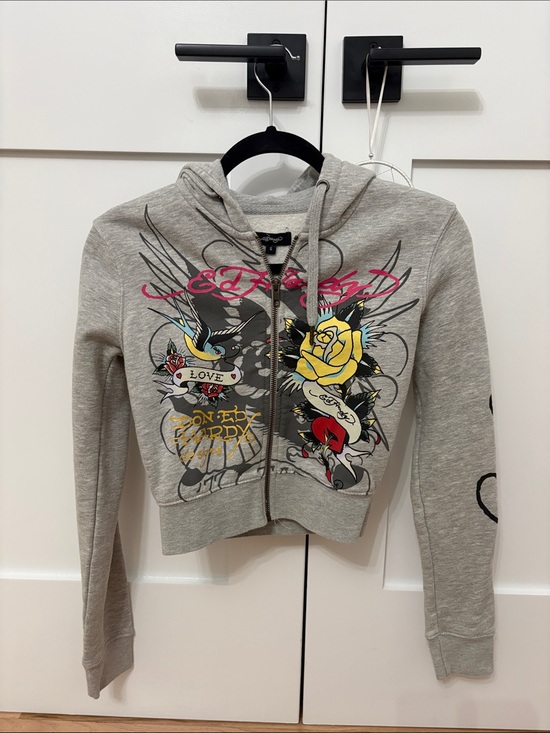 Ed Hardy Tops - Ed Hardy Grey Zip Hoodie & Pants Set with Yellow Rose & Red Heart Graphics